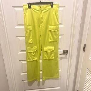 Lime Green High Rise Cargo Pants XL Wide Leg Stretch Knit Streetwear 31” Inseam
